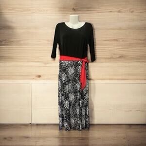 En Focus Studios Petites Women's Black 3/4 Slv Red Tie Waist Long Dress Size 14P